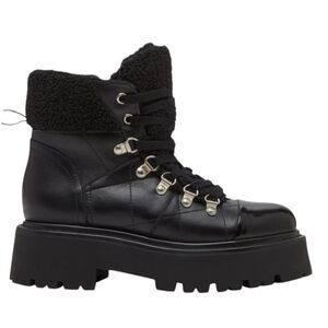 STEVE MADDEN Reyen Platform Boot Black Leather Lug Sole Shearling Size 8 NEW
